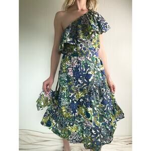 A.L.C. Silk Blend Green Floral One Shoulder Ruffled Midi Dress US XS NWT